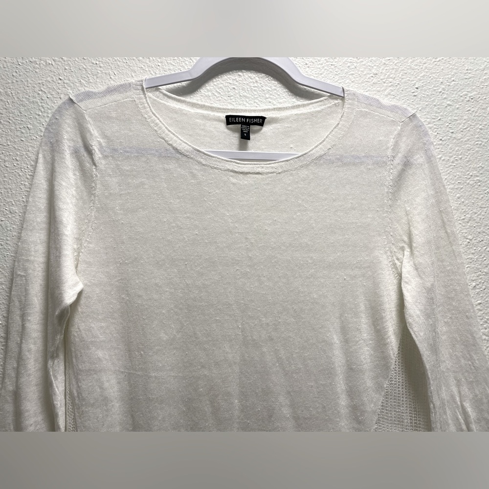 Eileen Fisher Hemp Blend Knit Sheer Long Sleeve Blouse  Italian Yarn White Small - Picture 3 of 8